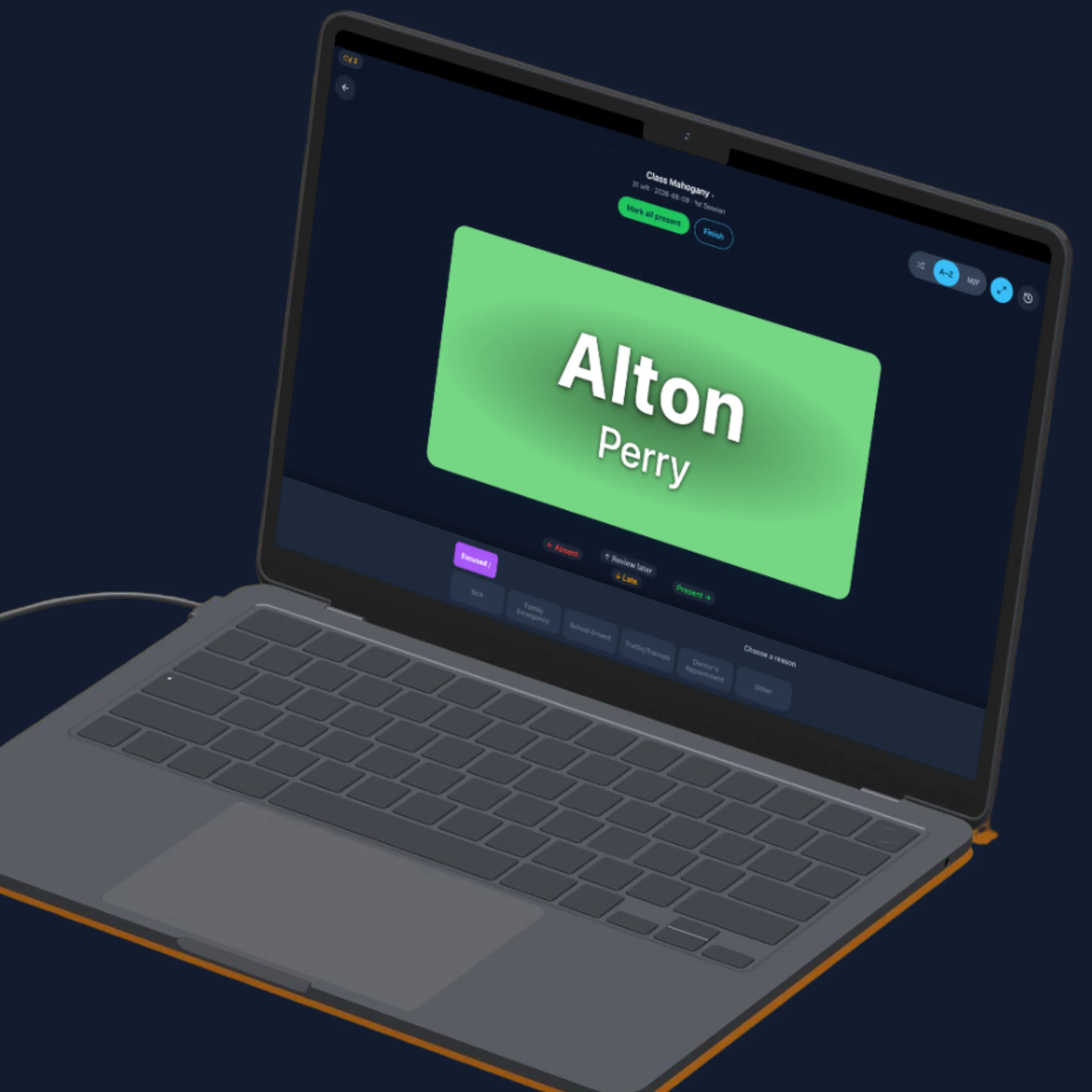 MarkIT running on a laptop, showing the swipe attendance screen for classroom presentation