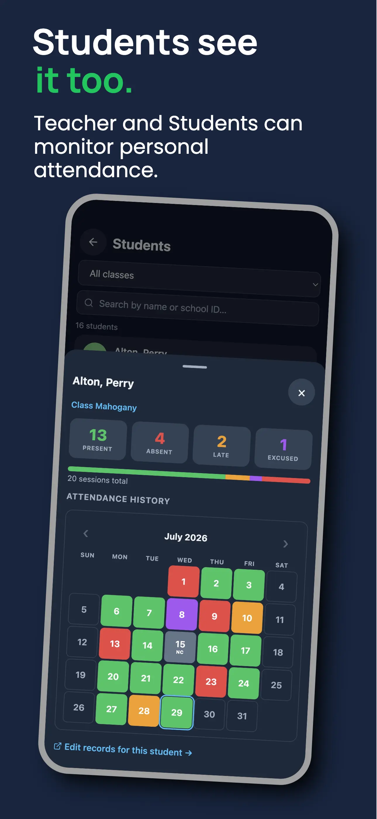 MarkIT student attendance history with a monthly calendar view